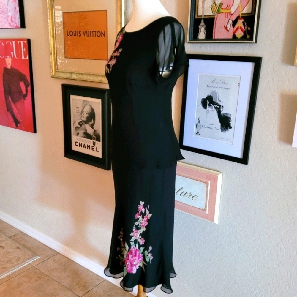 Robbie Bee 90s Black Floral Embroidered 2 Piece Peplum Top and Midi Skirt Set - Picture 5 of 9